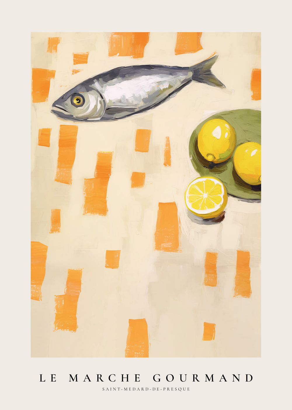 Køkkenkunst med fisk og citroner