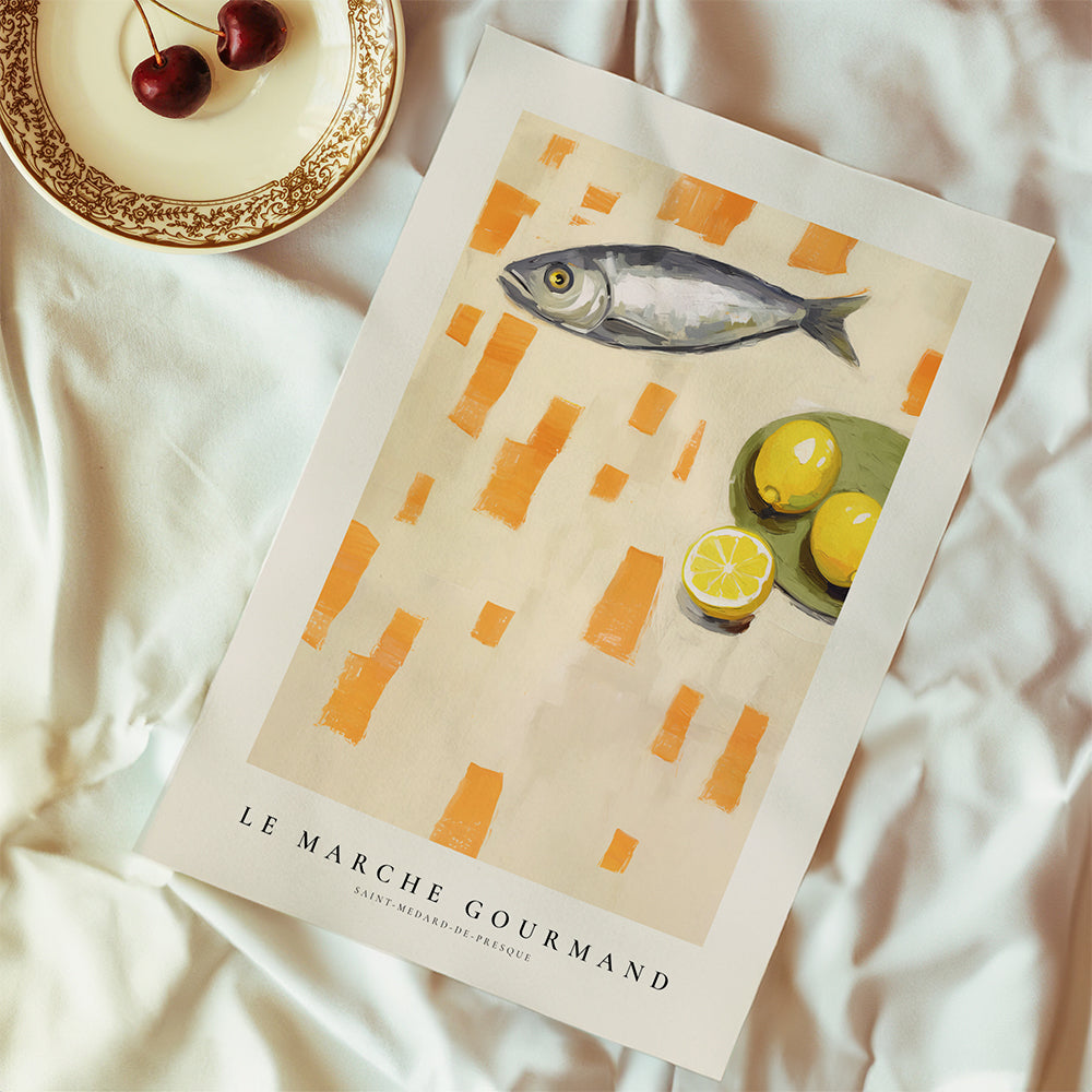 Køkkenkunst med fisk og citroner