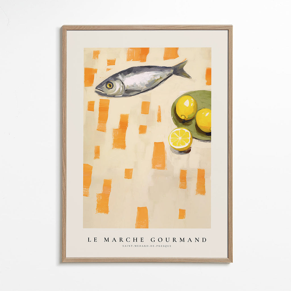 Køkkenkunst med fisk og citroner