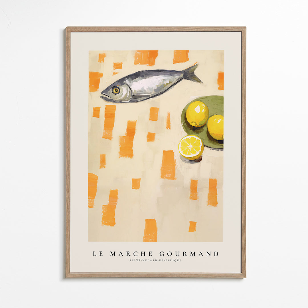 Køkkenkunst med fisk og citroner