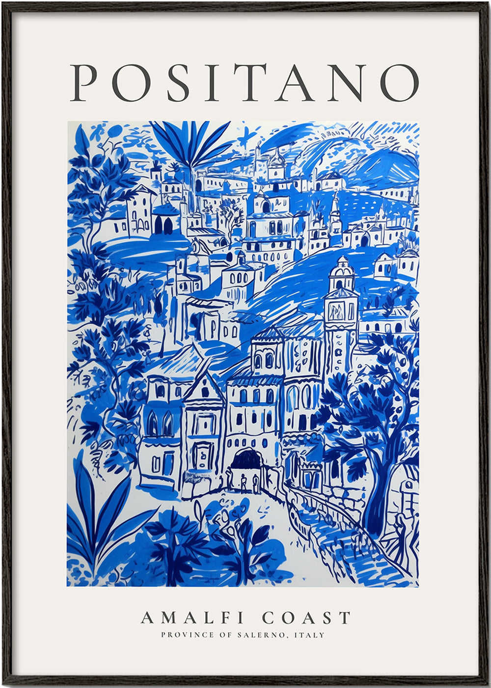 Kunstplakat Positano blå illustration
