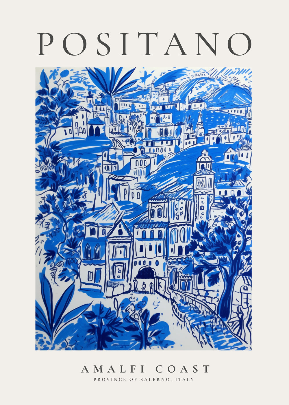 Kunstplakat Positano blå illustration