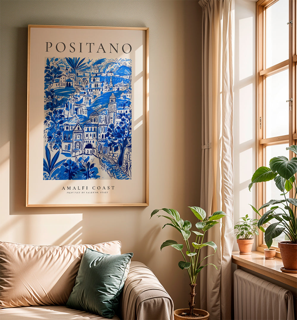 Kunstplakat Positano blå illustration