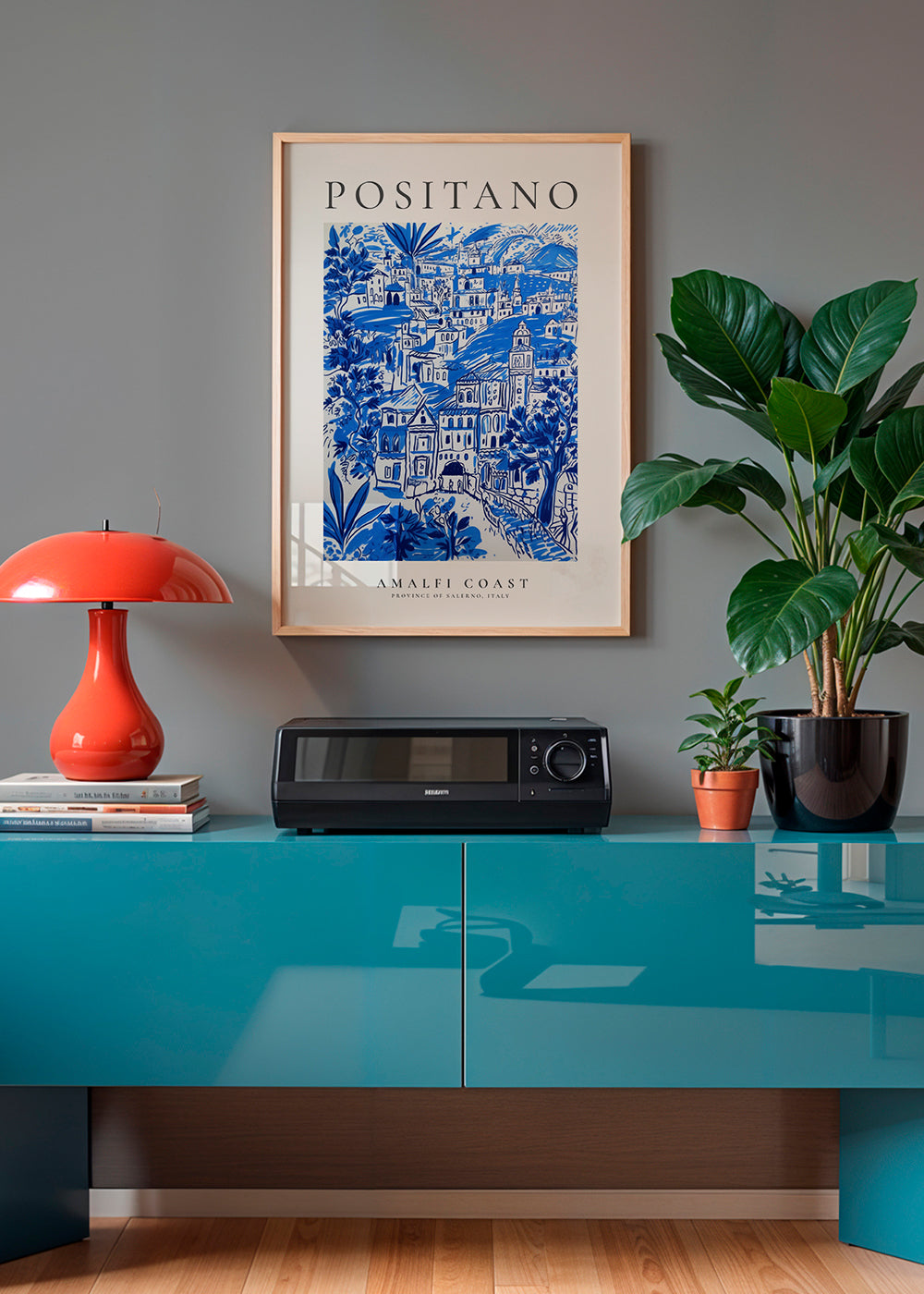Kunstplakat Positano blå illustration