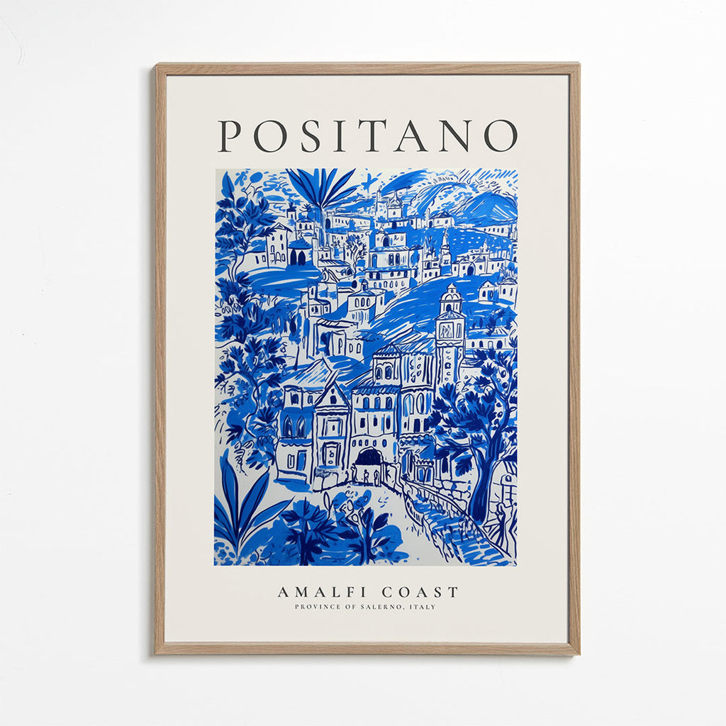 Kunstplakat Positano blå illustration