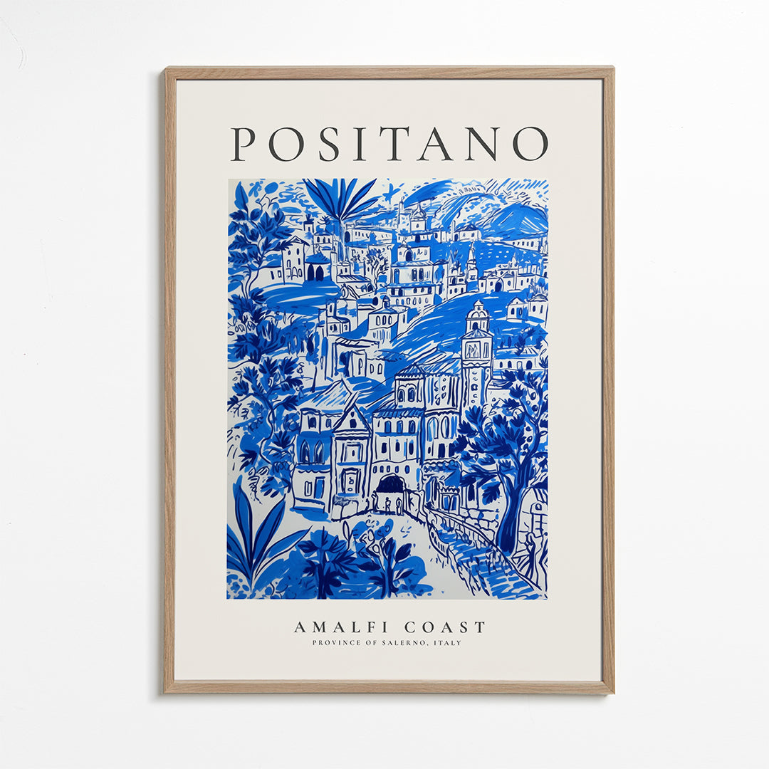 Kunstplakat Positano blå illustration