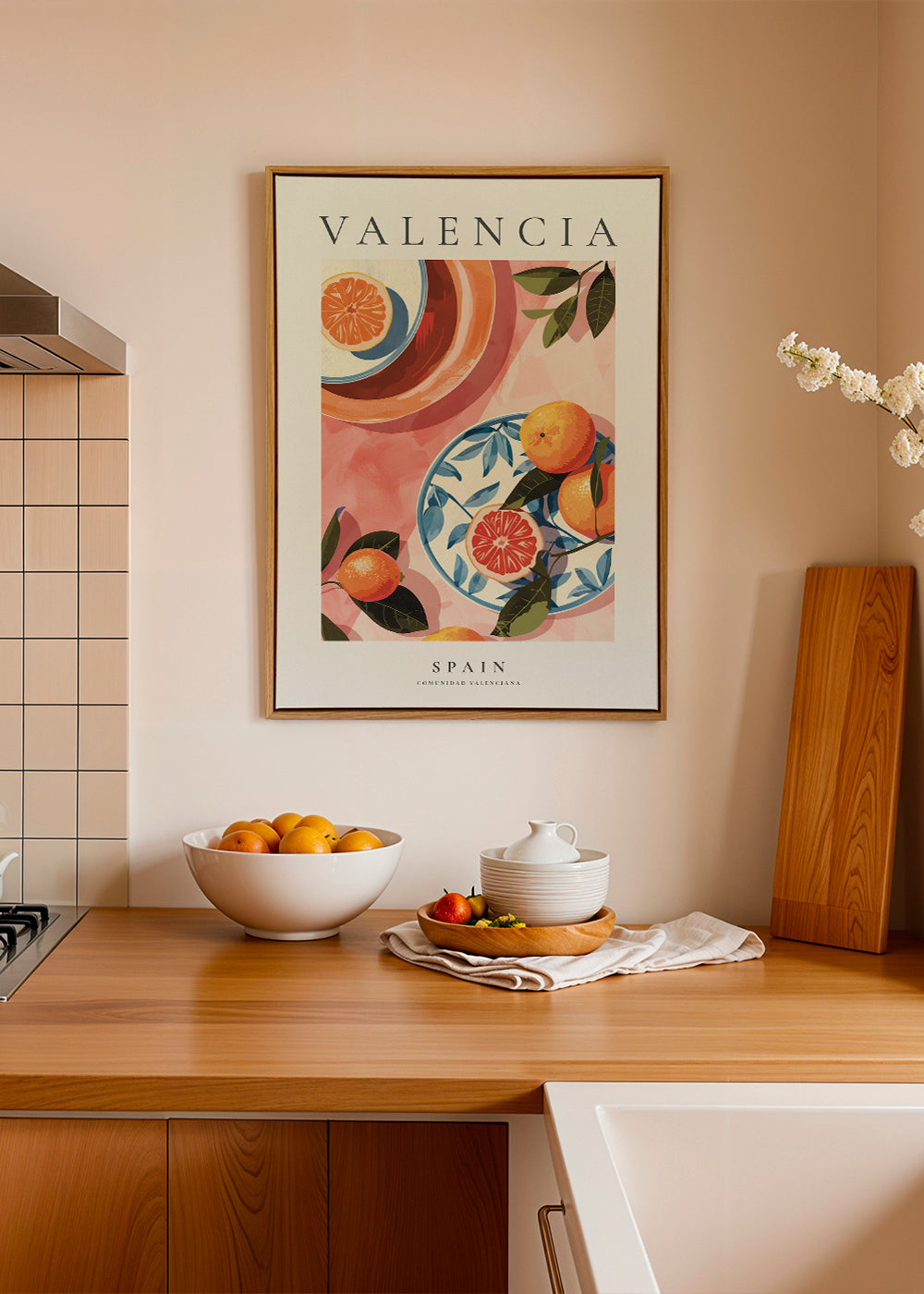 Rejseplakat: Valencia med appelsiner og tallerken