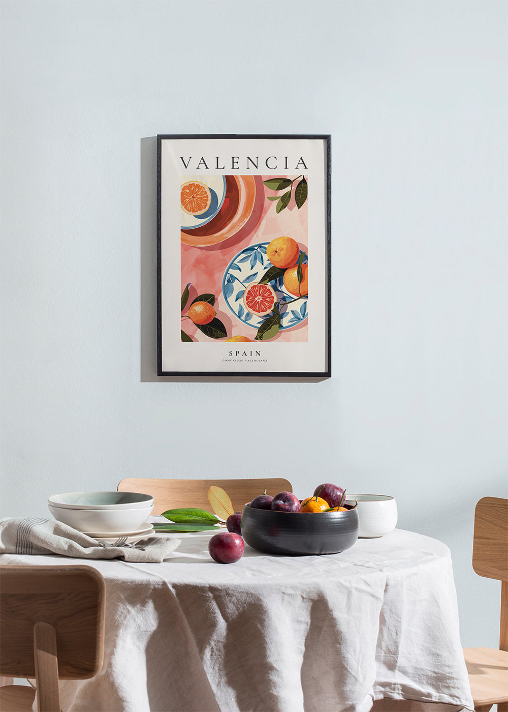 Rejseplakat: Valencia med appelsiner og tallerken