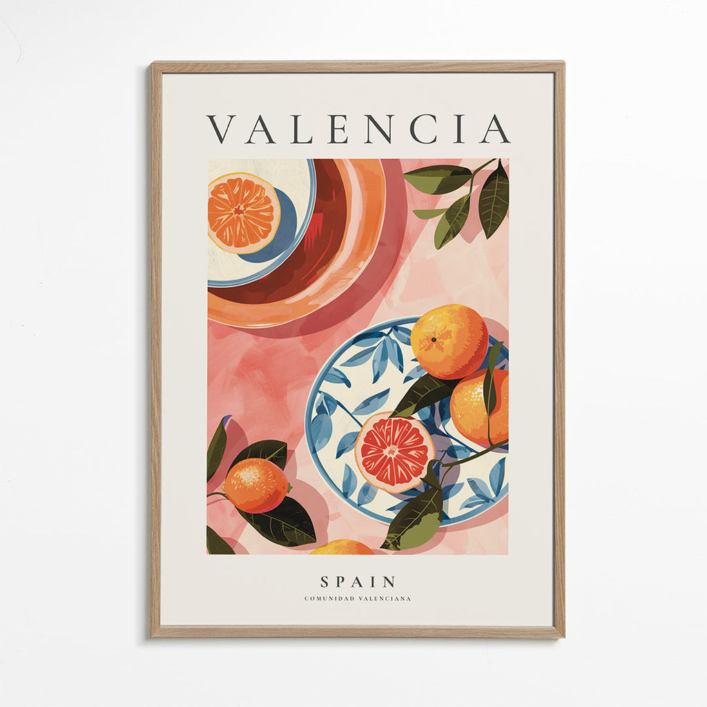 Rejseplakat: Valencia med appelsiner og tallerken