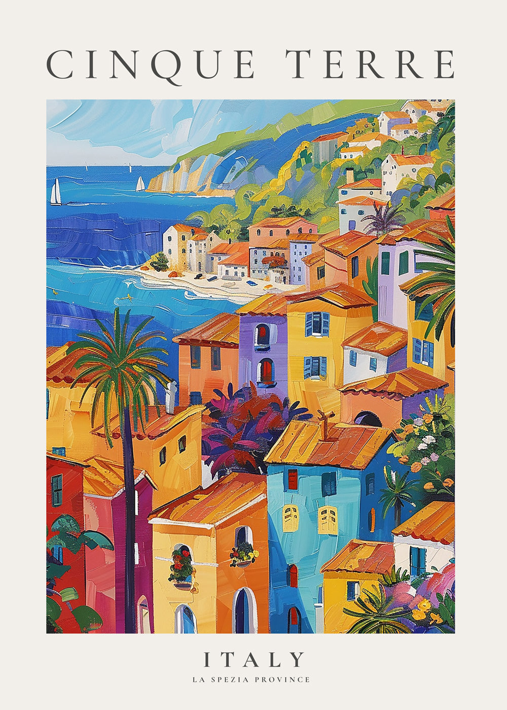 Rejseplakat Cinque Terre farverig kyst