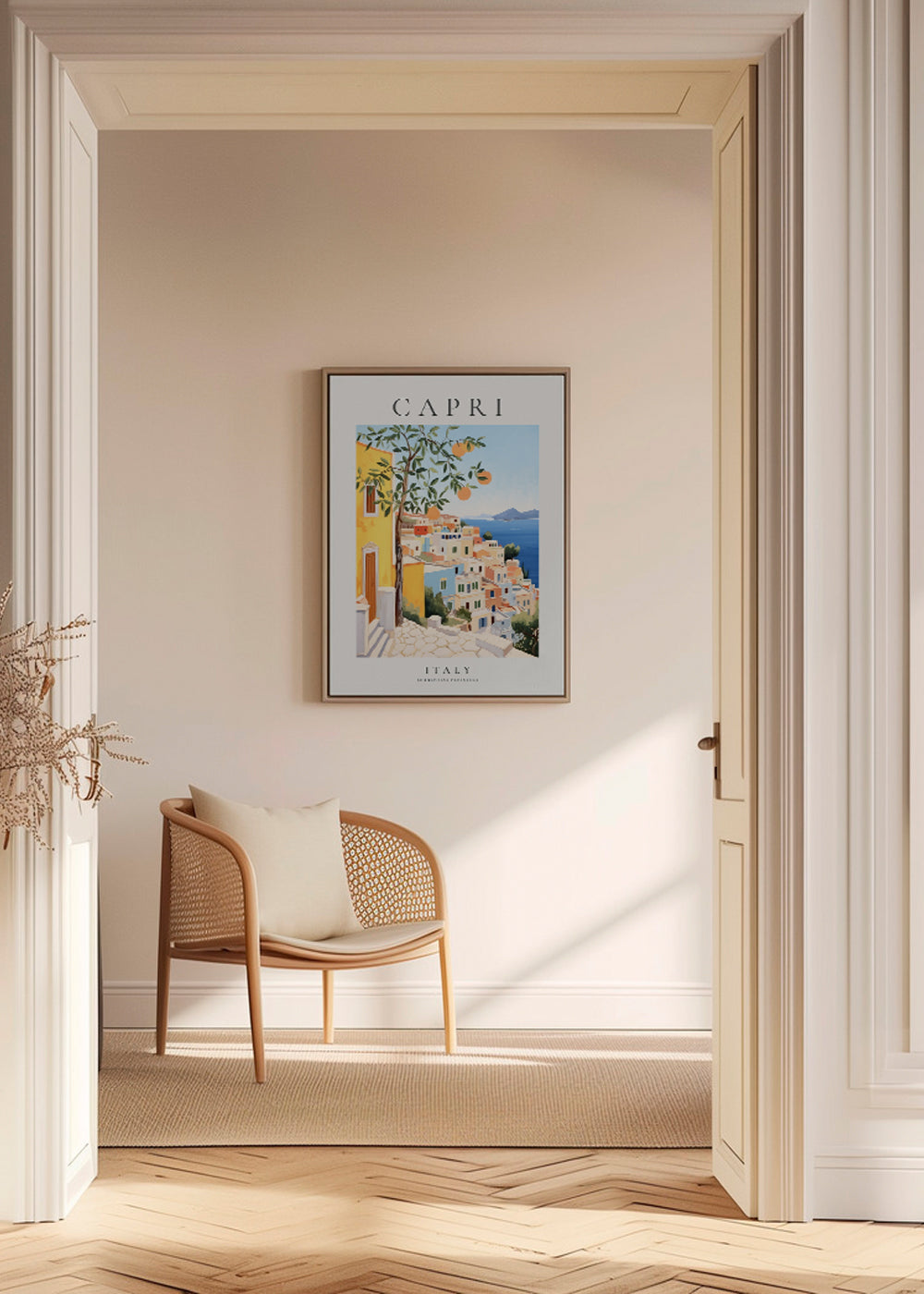 Rejseplakat: Capri-illustration i varme nuancer