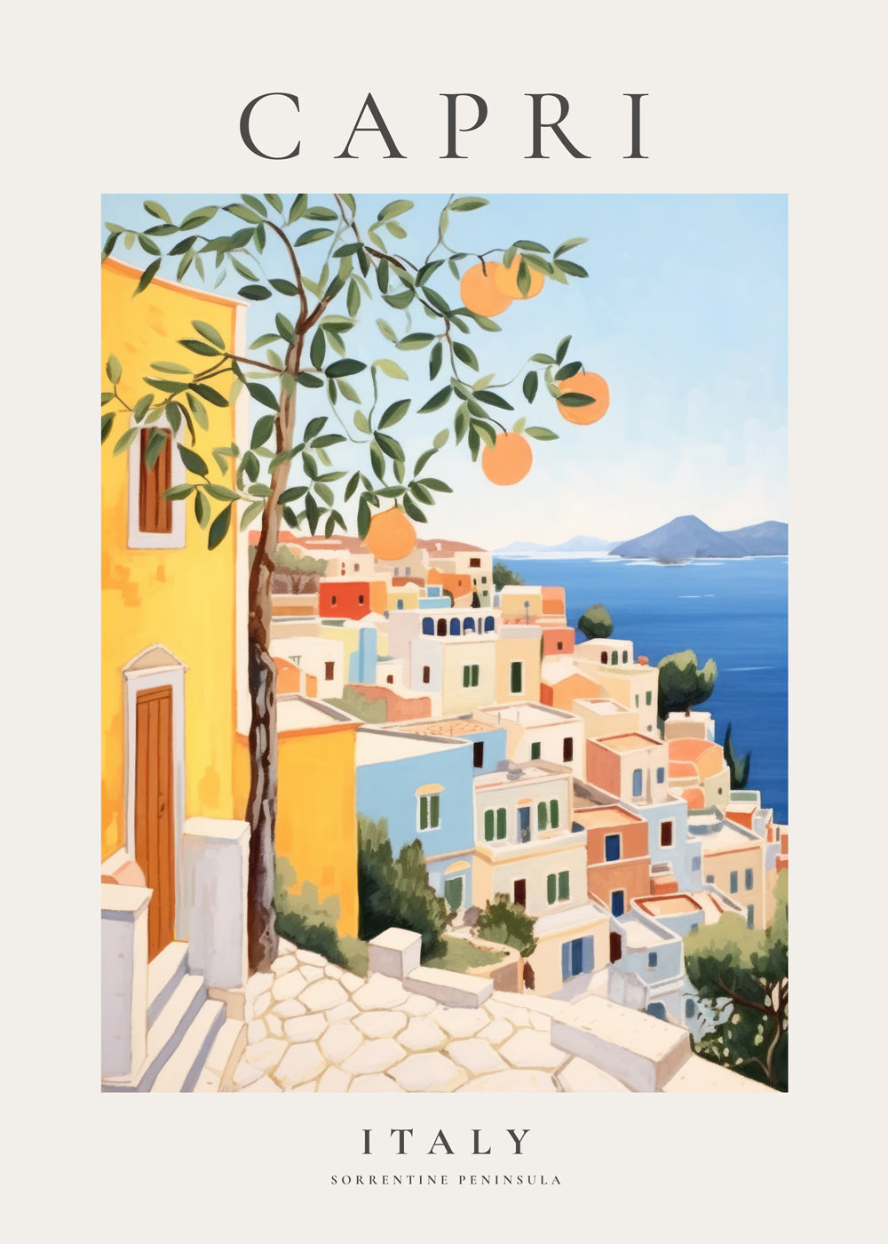 Rejseplakat: Capri-illustration i varme nuancer