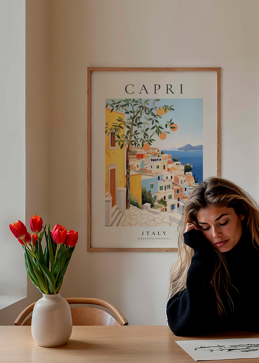 Rejseplakat: Capri-illustration i varme nuancer