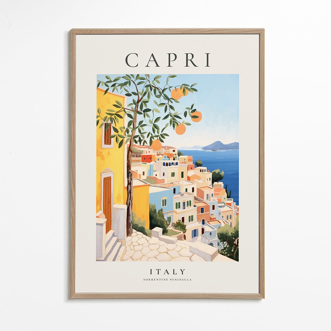 Rejseplakat: Capri-illustration i varme nuancer