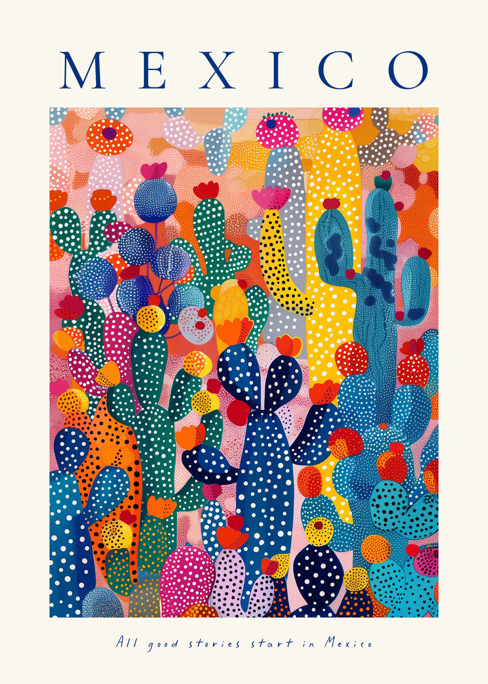 Rejseplakat Mexico med illustrerede kaktusser
