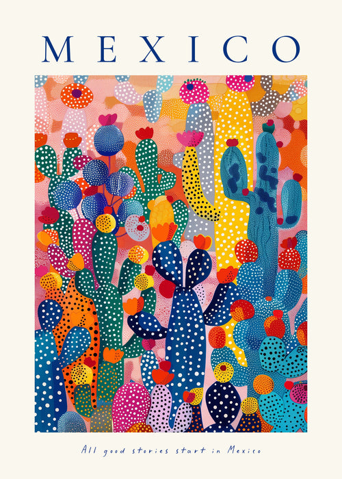 Rejseplakat Mexico med illustrerede kaktusser