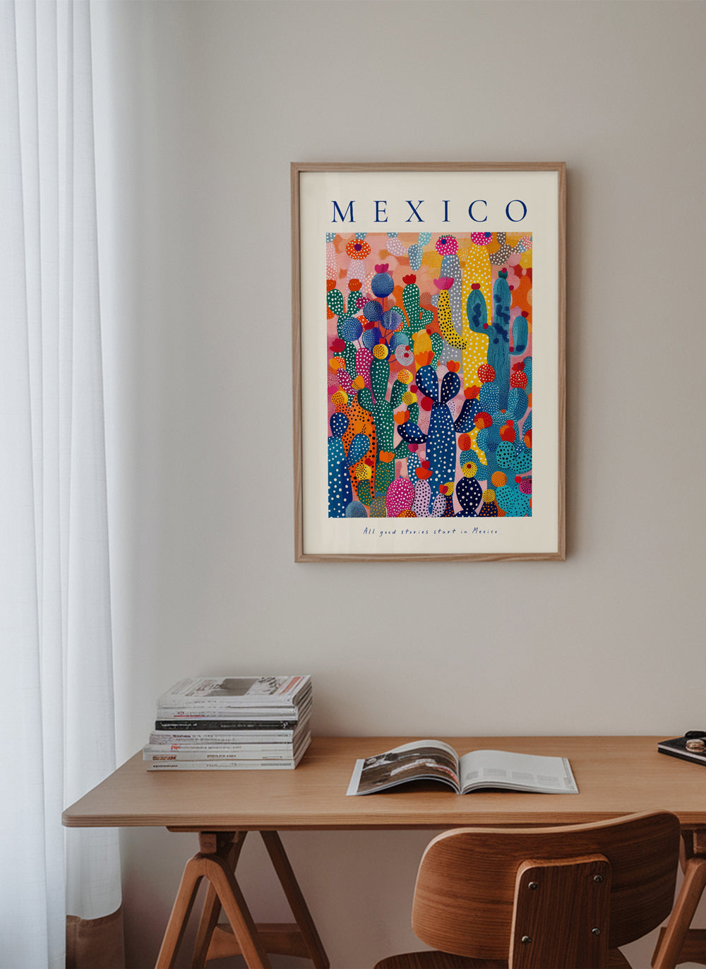 Rejseplakat Mexico med illustrerede kaktusser
