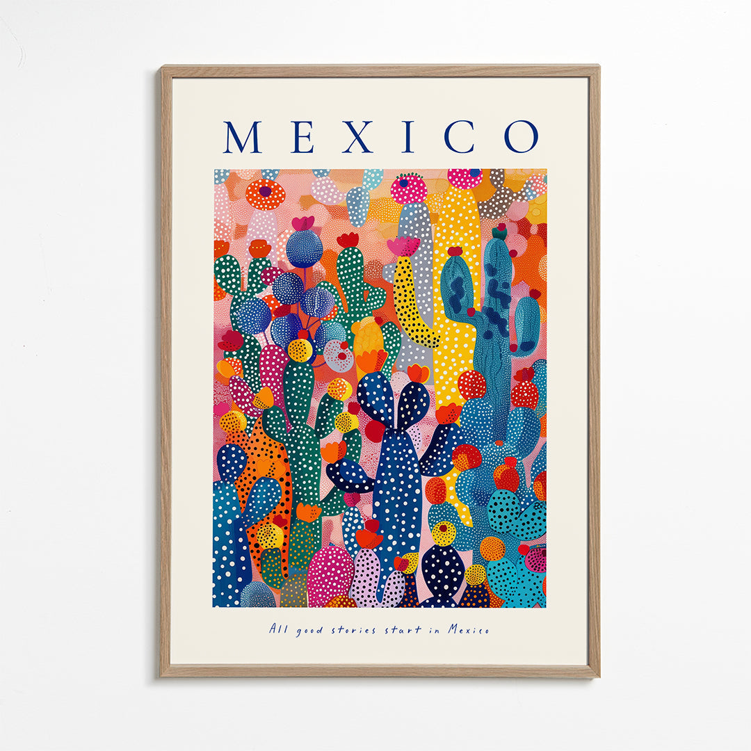 Rejseplakat Mexico med illustrerede kaktusser