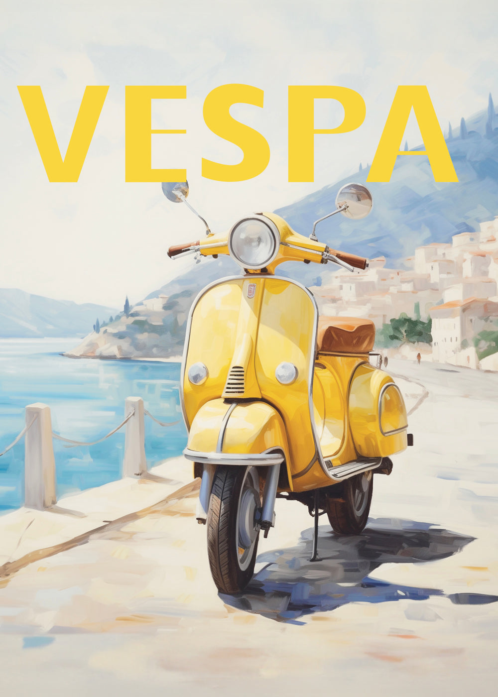 Byplakat Gul Vespa ved kysten
