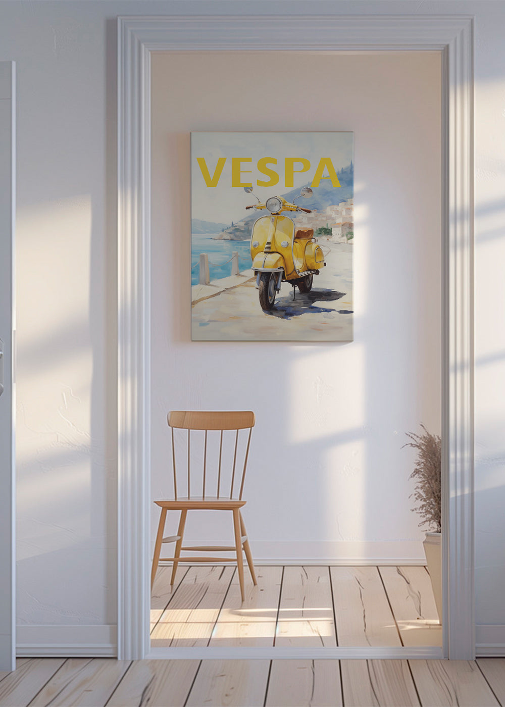 Byplakat Gul Vespa ved kysten