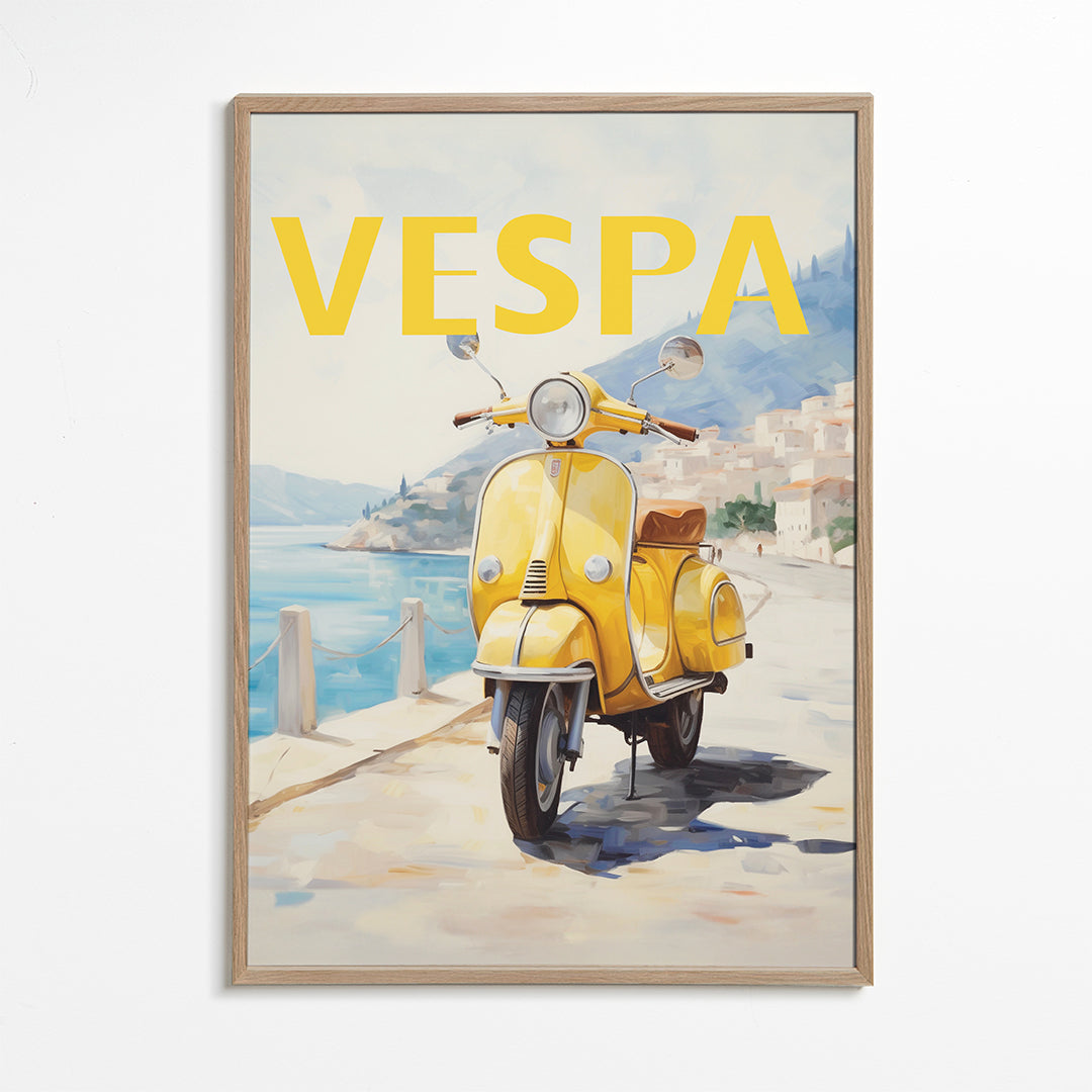 Byplakat Gul Vespa ved kysten
