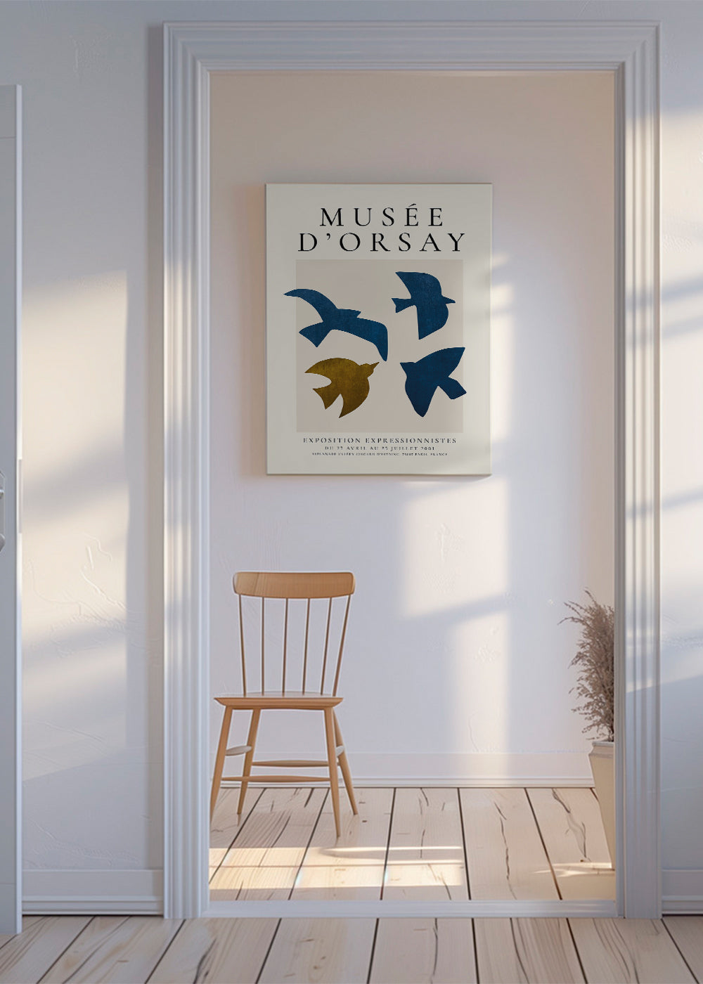 Vintage plakat med blå og gyldne fuglesilhuetter