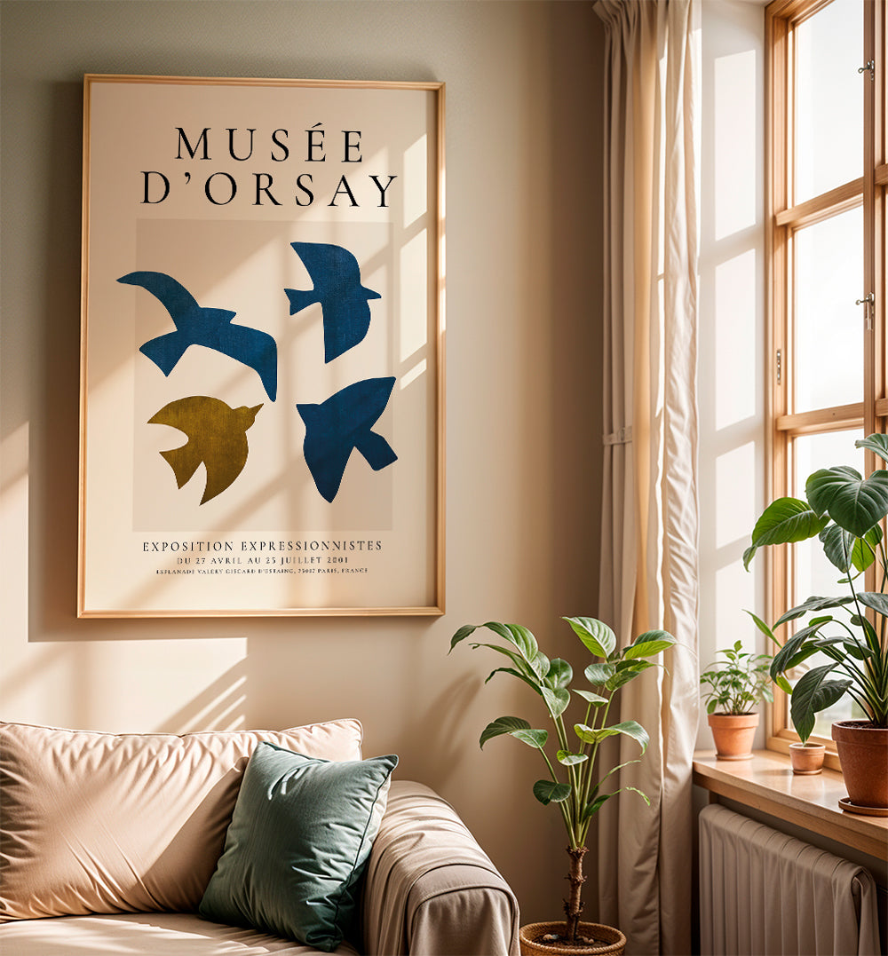 Vintage plakat med blå og gyldne fuglesilhuetter