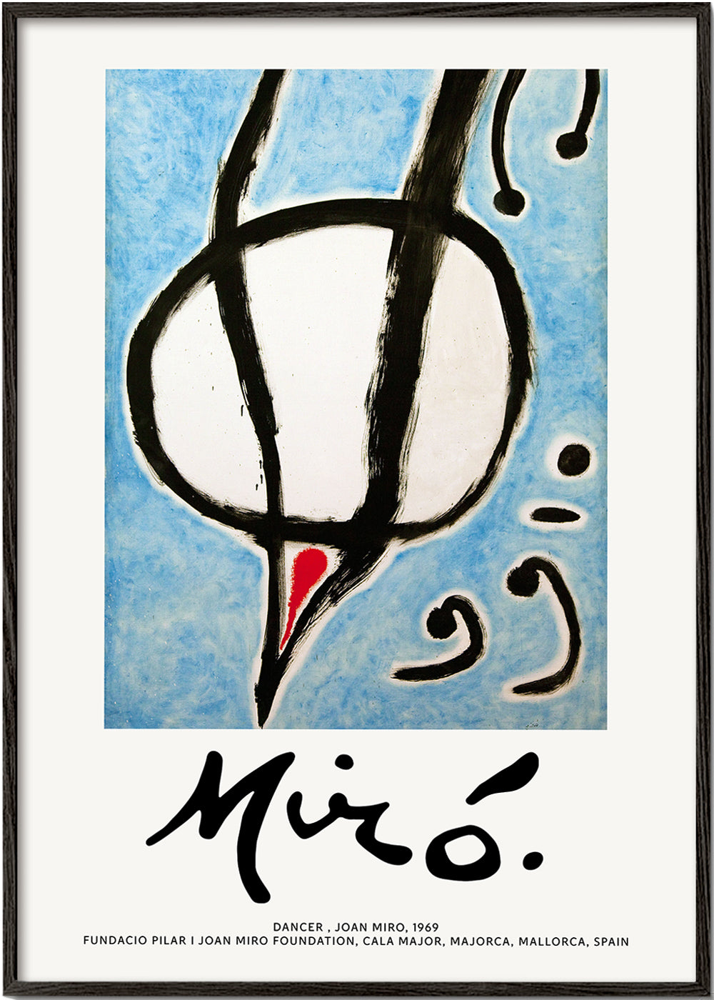 Abstrakt kunst Miró, sort gestus på blå