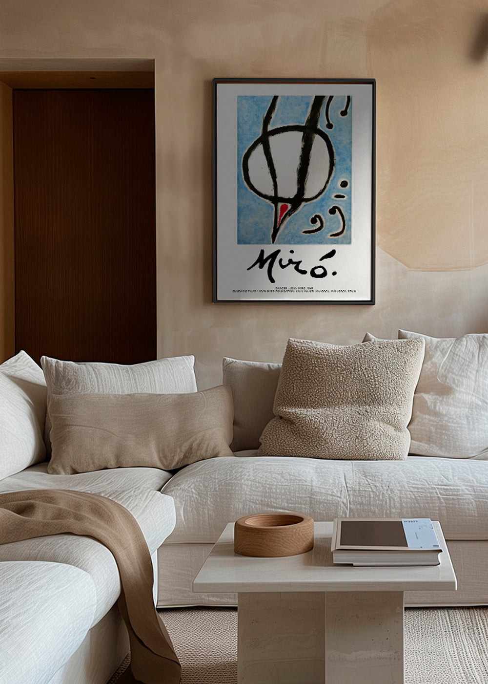Abstrakt kunst Miró, sort gestus på blå