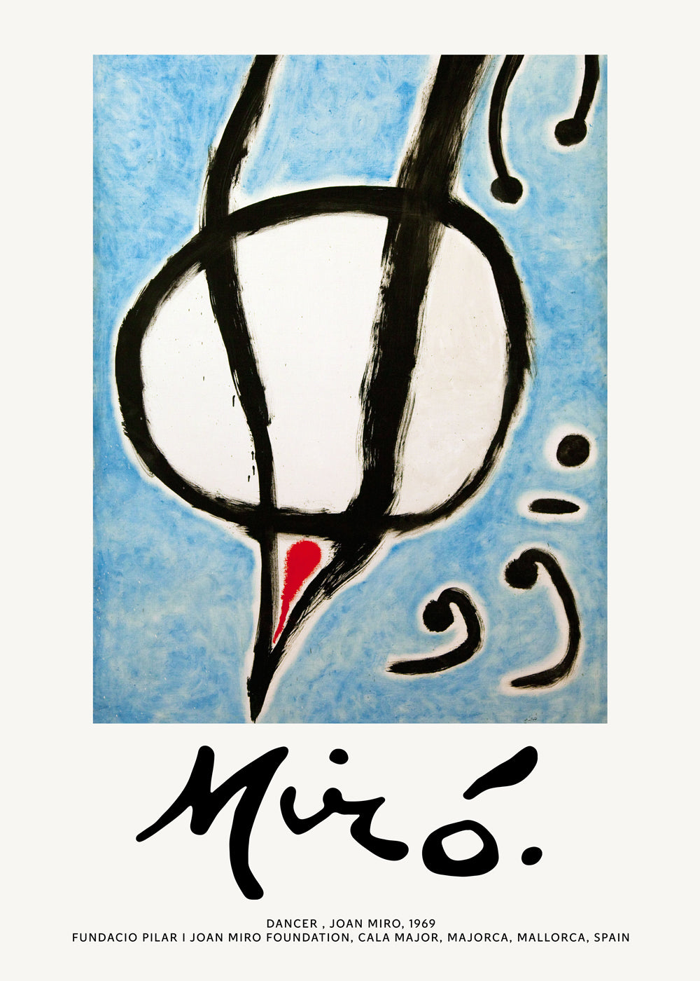 Abstrakt kunst Miró, sort gestus på blå