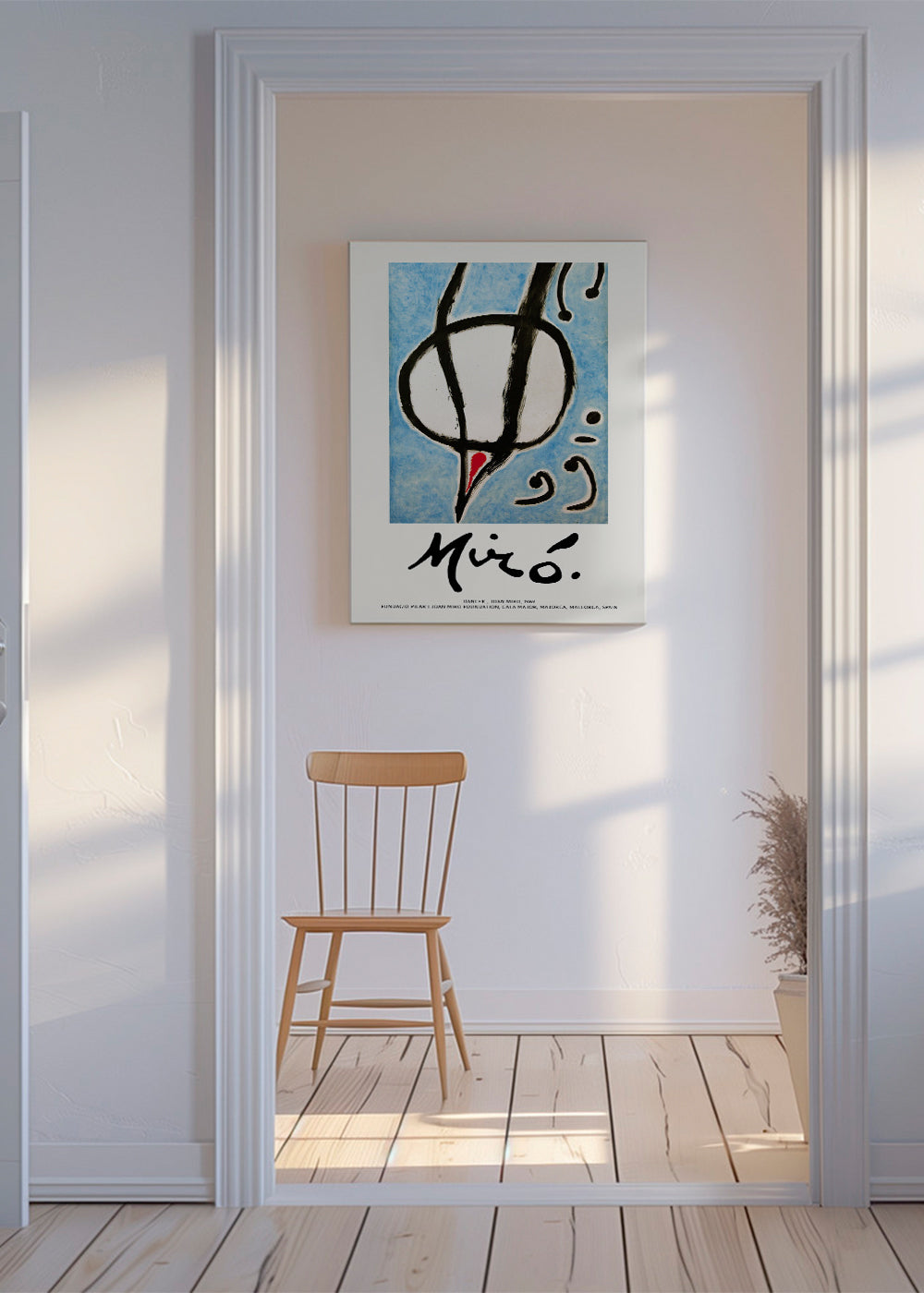 Abstrakt kunst Miró, sort gestus på blå