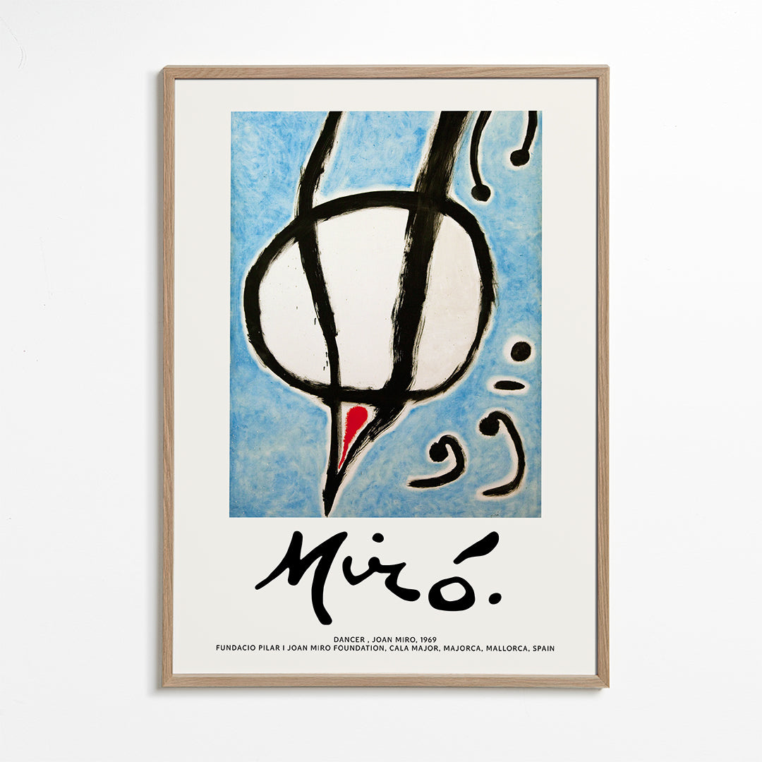 Abstrakt kunst Miró, sort gestus på blå
