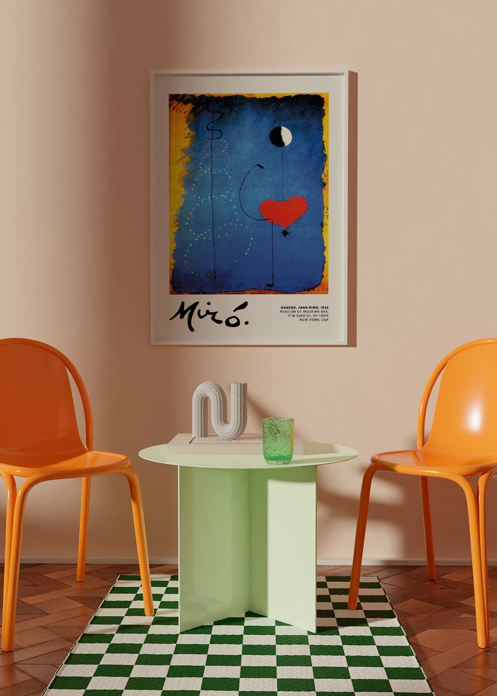Abstrakt billede med rødt hjerte og måne på blåt felt