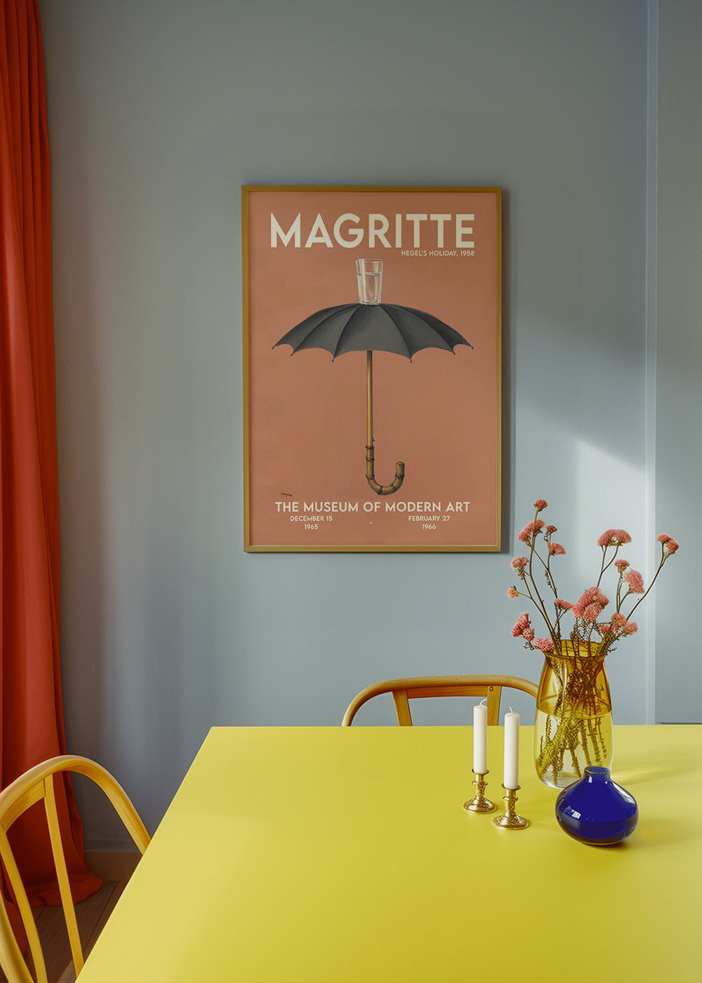 Vintage plakat med paraply og glas på terrakotta baggrund