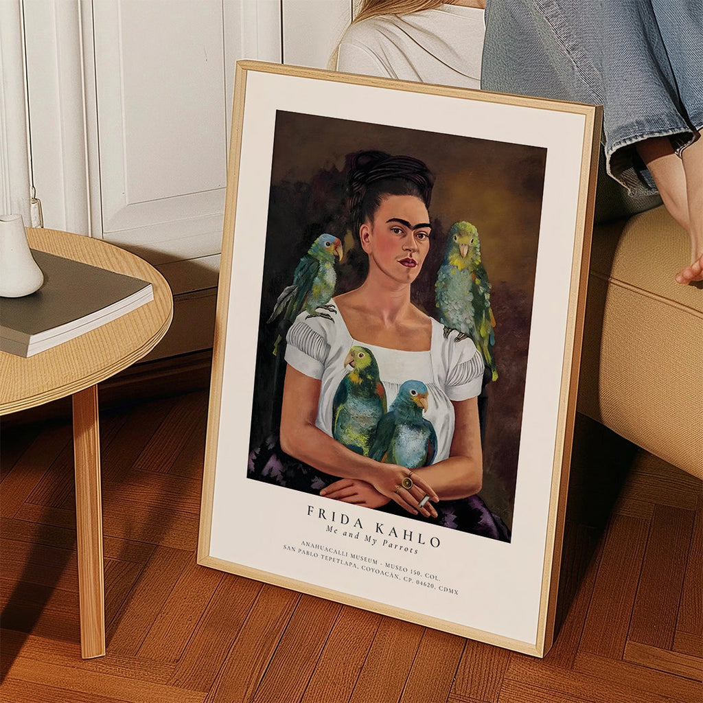 Kunstværk Frida Kahlo med papegøjer