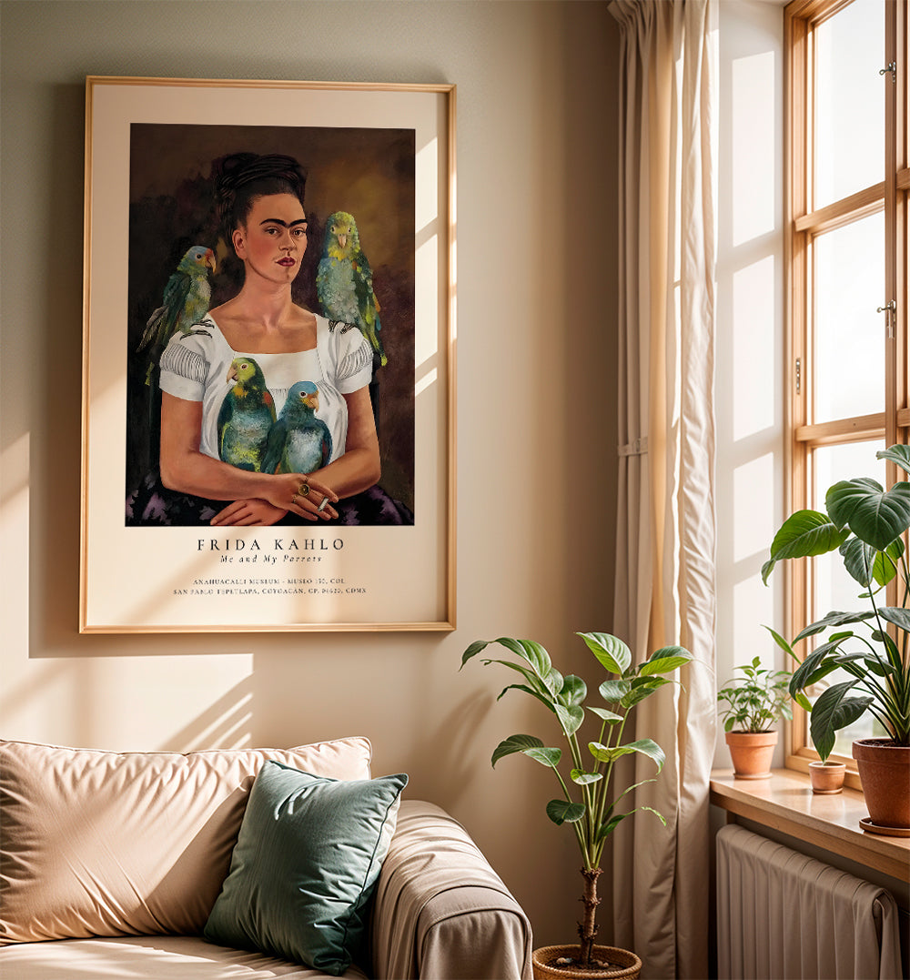 Kunstværk Frida Kahlo med papegøjer