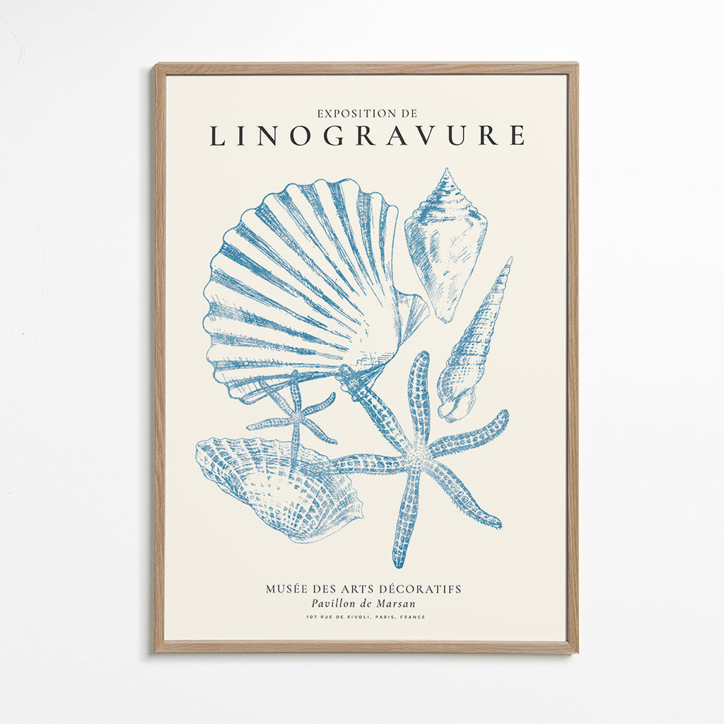 Linoleumtryk af muslinger i blå