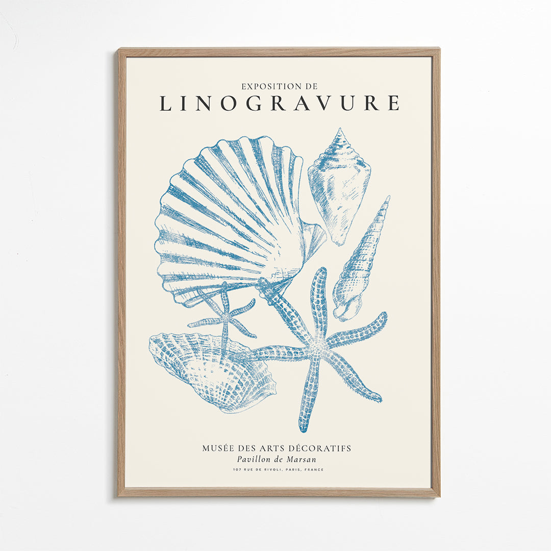 Linoleumtryk af muslinger i blå