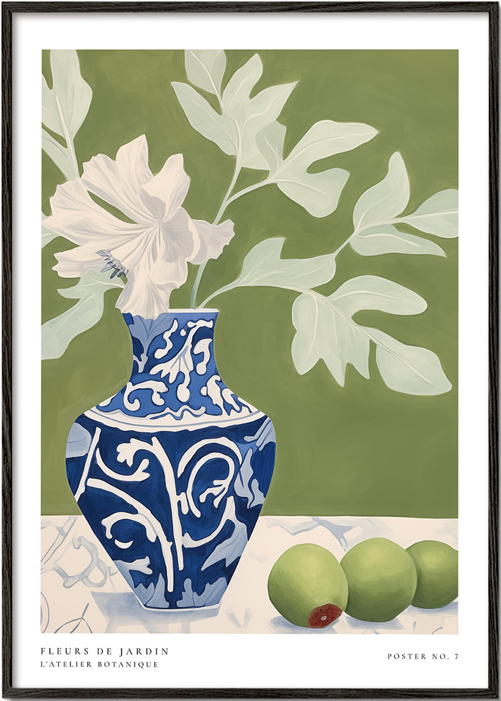 Botanisk plakat med blå vase og grønne grene
