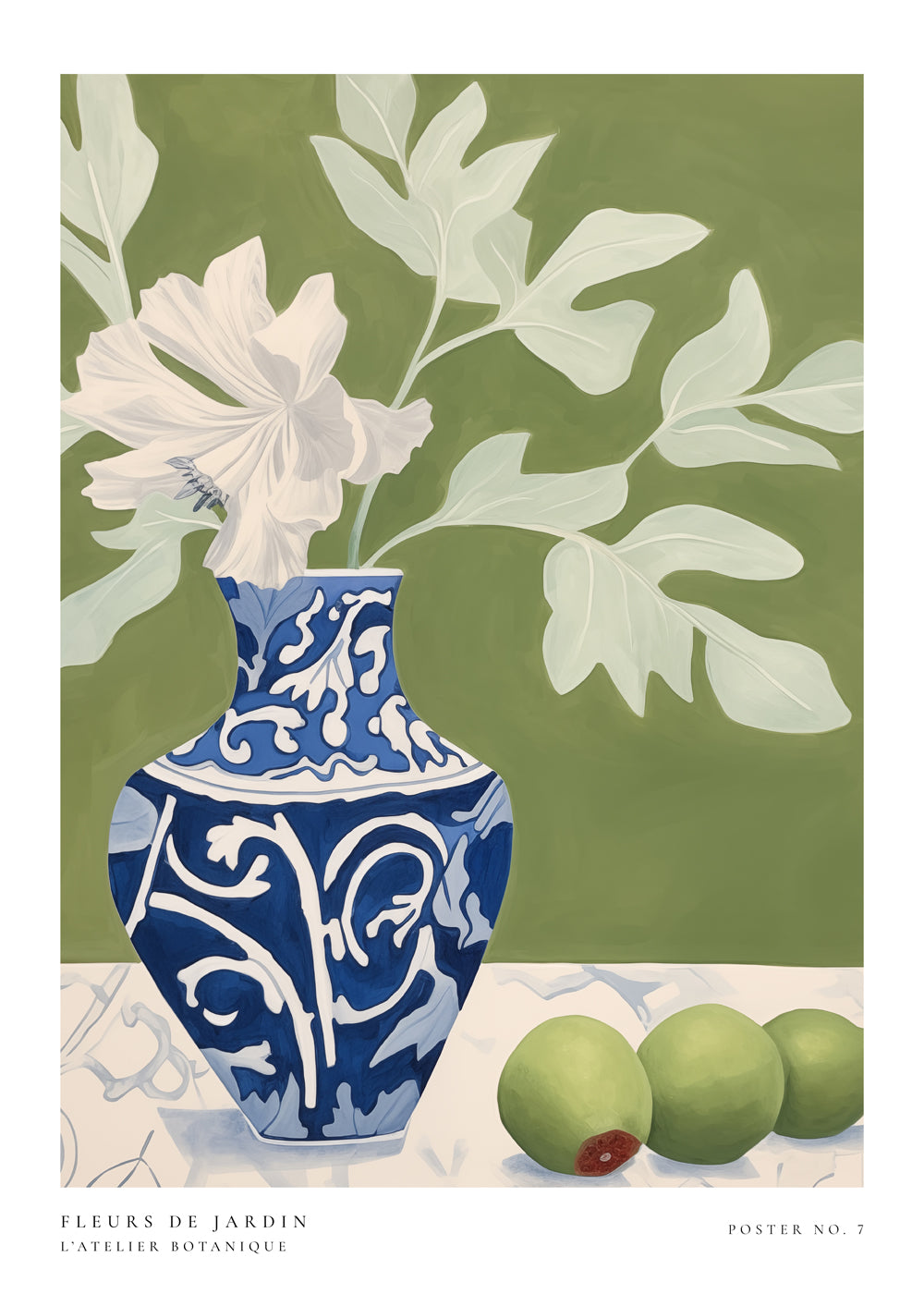 Botanisk plakat med blå vase og grønne grene