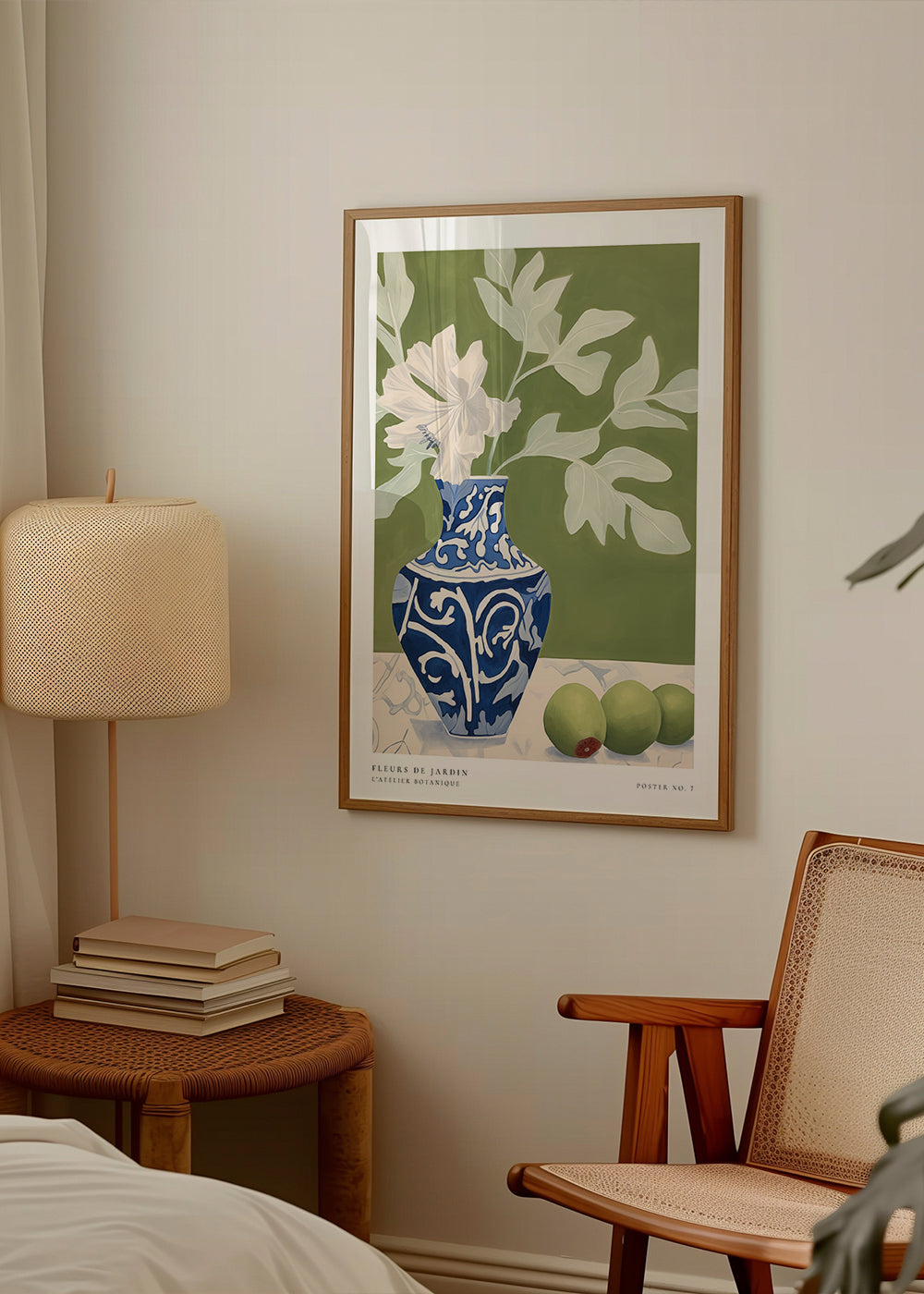 Botanisk plakat med blå vase og grønne grene
