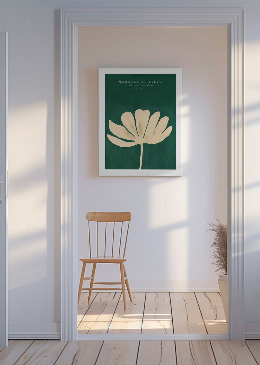 Botanisk plakat med marguerit i creme-silhuet