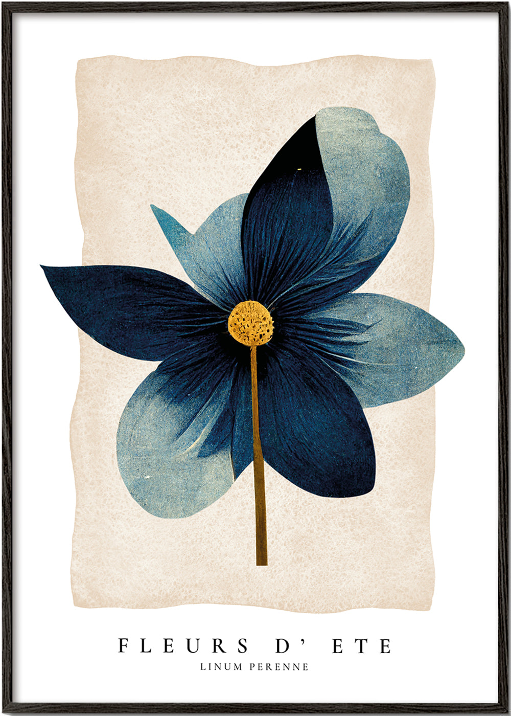 Botanisk plakat blå med central blomst