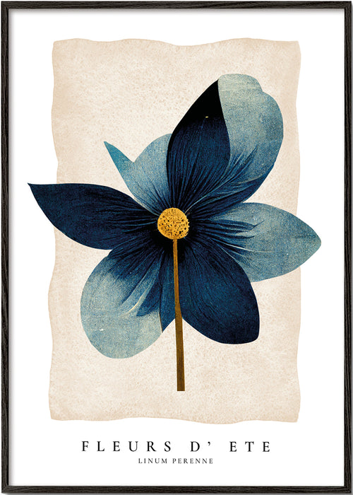 Botanisk plakat blå med central blomst