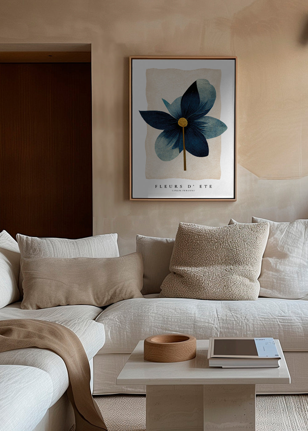 Botanisk plakat blå med central blomst