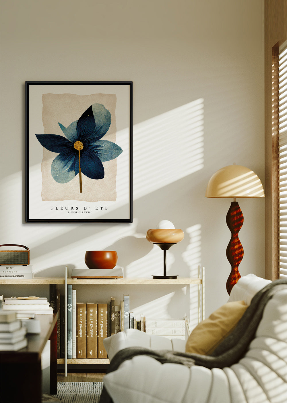 Botanisk plakat blå med central blomst