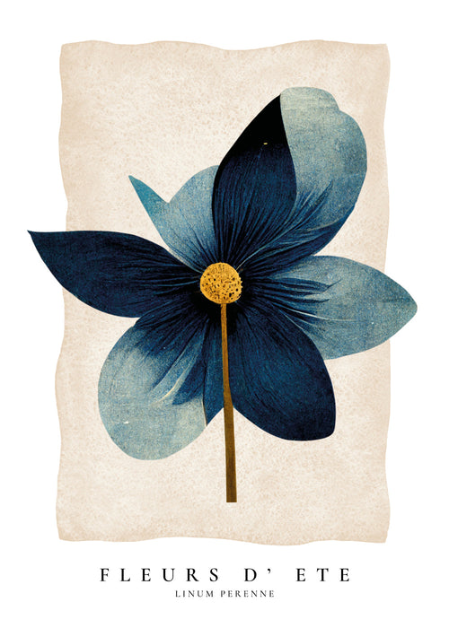 Botanisk plakat blå med central blomst