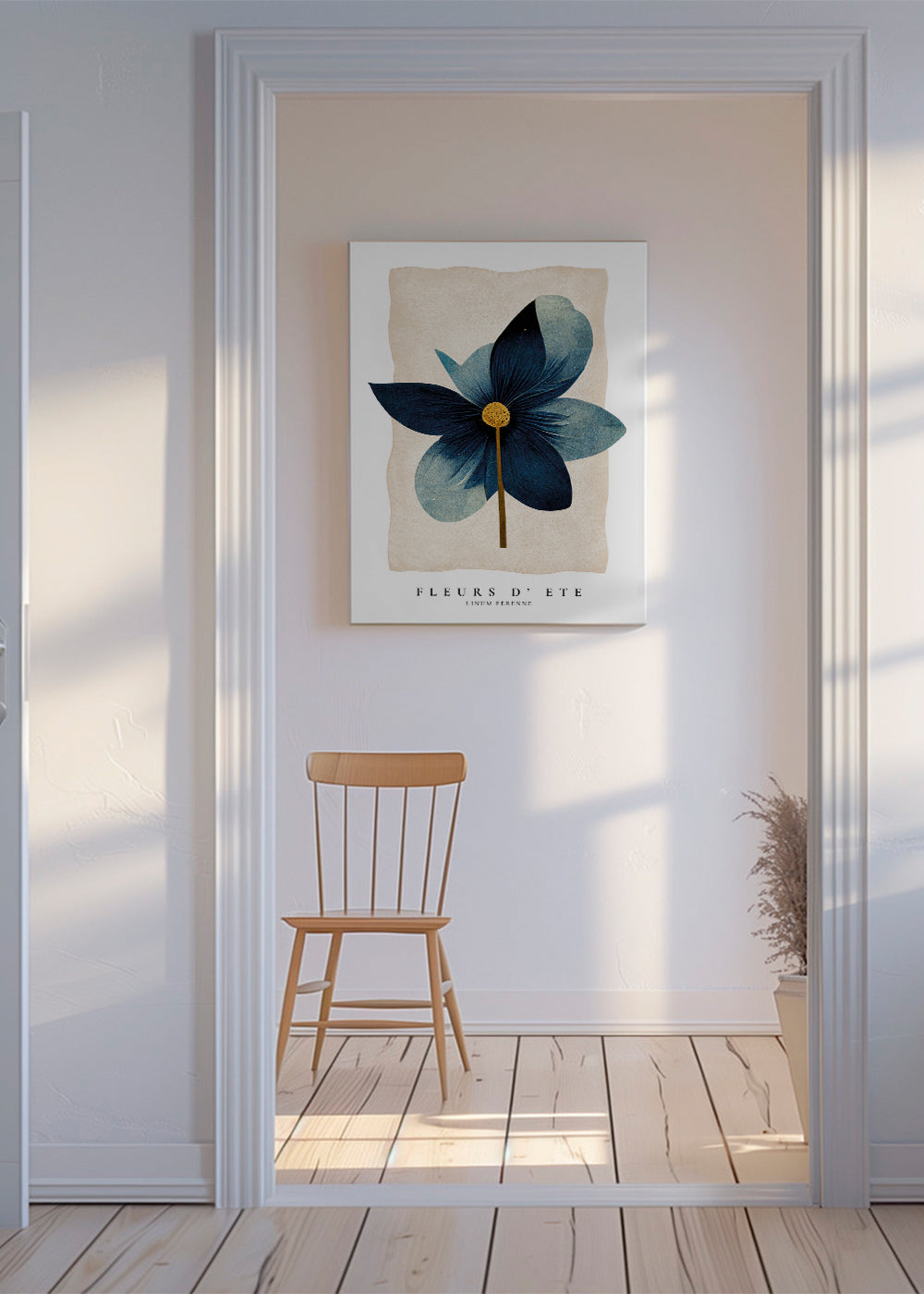 Botanisk plakat blå med central blomst