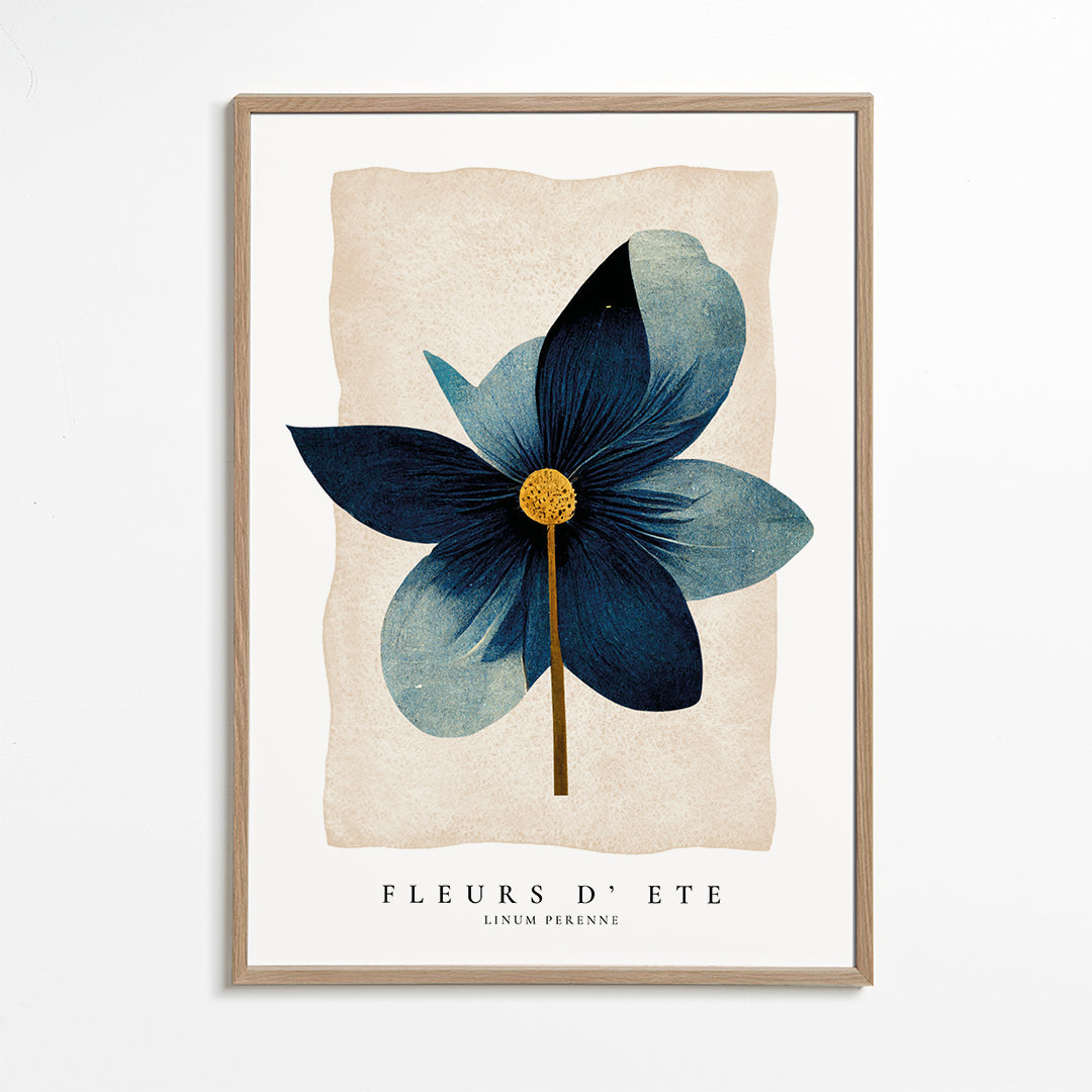 Botanisk plakat blå med central blomst