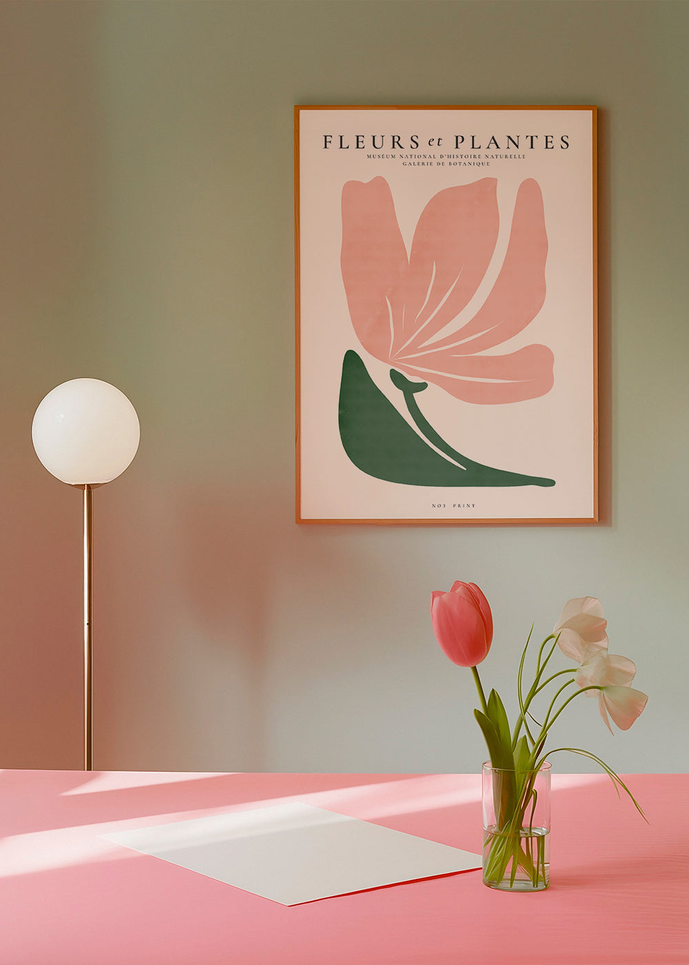 Botanisk plakat i rosa og grøn minimal